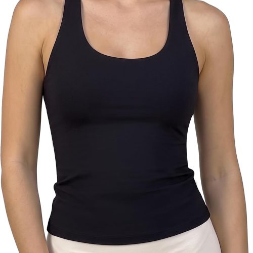 Boat Neck Ribbed Yoga Tank Top with Sewn In Bra