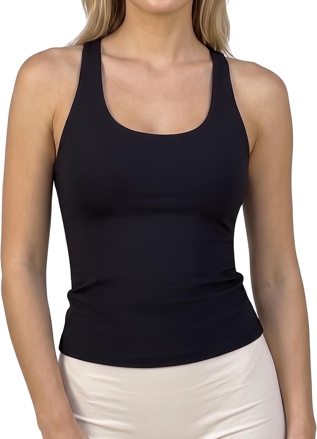 Boat Neck Ribbed Yoga Tank Top with Sewn In Bra