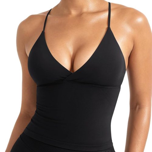 Deep V Neck Yoga Crop Top with Built In Bra