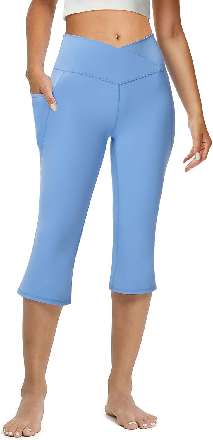 Women High Waisted Flare Yoga Leggings with Pockets – Light Blue