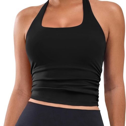 Halter Square Neck Yoga Tank Top with Ruched Design