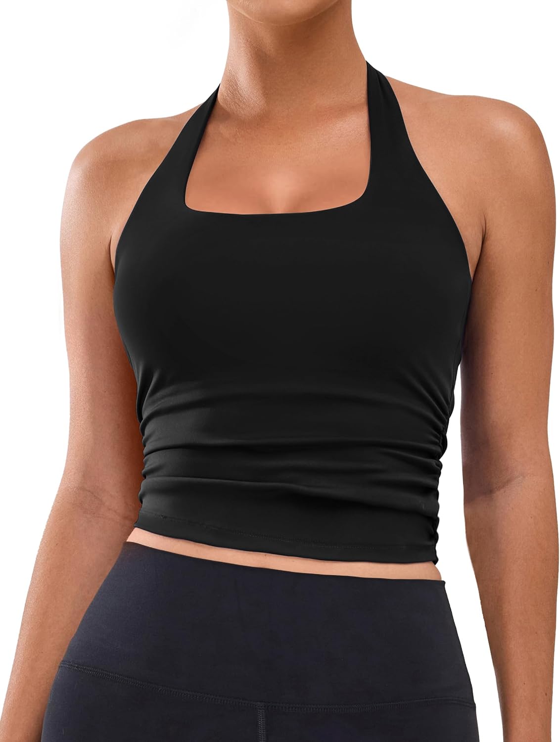 Halter Square Neck Yoga Tank Top with Ruched Design