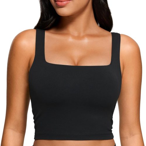 Square Neck Cropped Yoga Tank Top with Built In Bra