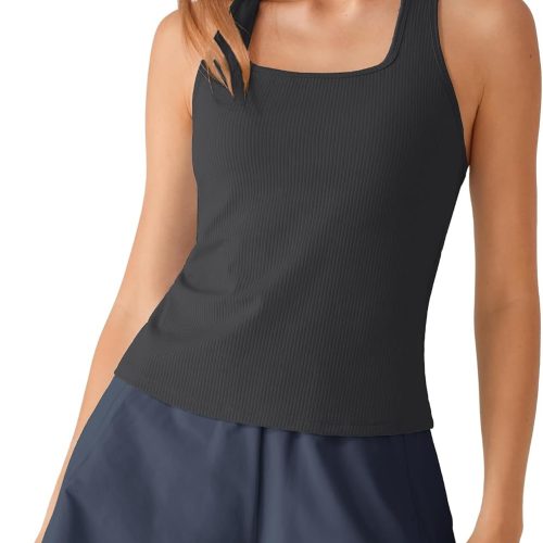 Ribbed Square Neck Yoga Tank Top with Built In Bra