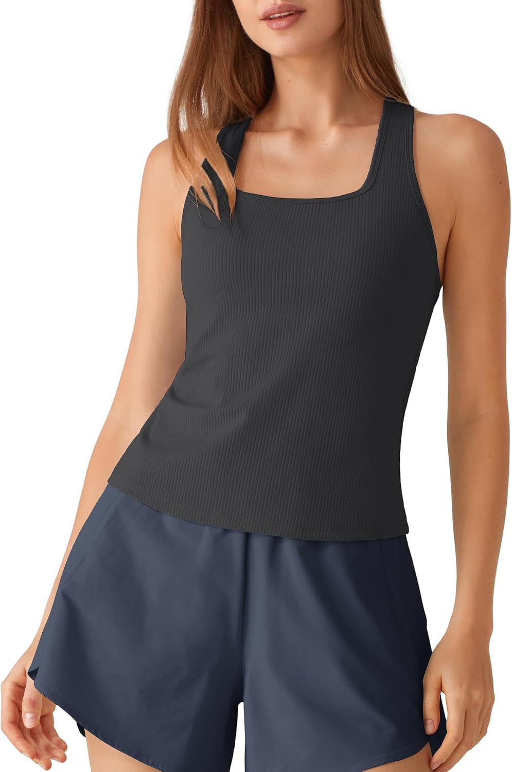 Ribbed Square Neck Yoga Tank Top with Built In Bra
