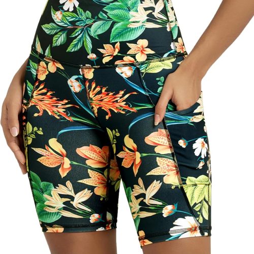 Women High Waisted Yoga Biker Shorts with Pockets – Floral